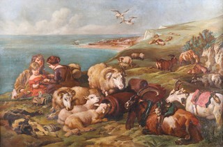 19th Century oil on canvas, unsigned, figures and animals on a cliff top 50cm x 75cm 