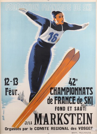 French ski poster, designed by Hella Arno Federation Francais de Ski 12th-13th Fevr 42e Championnats de France de Ski Fondetsaut au Markstein Organises Par Le Comite Original Des Vosges, a lithograph, printed by Bahy Mulhouse 78cm x 58cm 