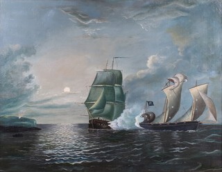 19th/20th Century oil on canvas unsigned, maritime naval battle at sunset 66cm x 86cm 