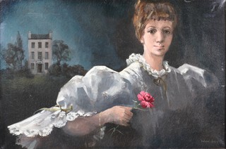**Deborah Jones (1921-2012), oil on canvas, study of a lady holding a carnation before a country house 50cm x 75cm **Please note - Artists Re-sale Rights may be payable on this lot