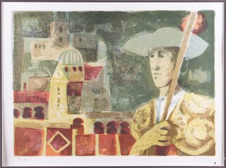 ** Alvar Sunol (born 1935), lithograph of a Spanish gentleman in a townscape, signed in pencil 40cm x 55cm, unframed **Please note - Artists Re-sale Rights may be payable on this lot