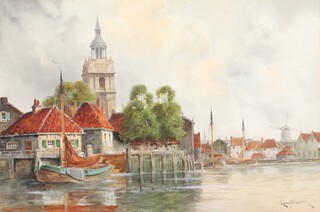Louis Van Staaten, (Norris Fowler Willatt, British, 1859-1924) watercolour signed, Dutch canal scene with barges and distant windmill 35cm x 53cm 