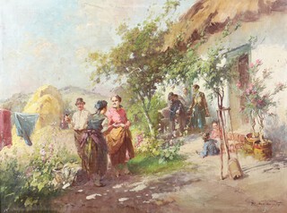 A C S Agoston (Hungarian, 1889-1947), oil on canvas signed, farm workers before a cottage 58cm x 78cm with Hungarotex, Budapest label to the reverse