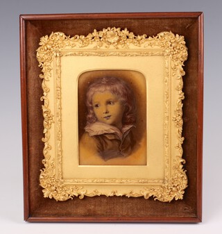 A crystoleum of a young child in a fancy gilt floral frame, mounted 20cm x 17cm 