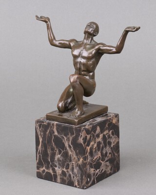 An Art Deco bronze figure of The Kneeling Adonis raised on a square marble base, unsigned 18cm x 7cm x 7cm,