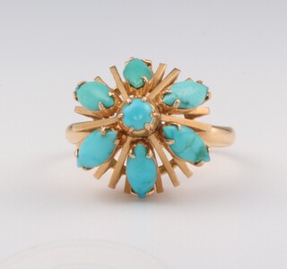 An 18ct yellow gold turquoise dress ring, size J 1/2, 4.5 grams 