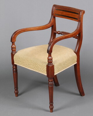 A Georgian mahogany bar back carver/desk chair with turned mid rail and over stuffed seat, raised on turned supports 82cm h x 51cm w x 45cm d (seat 20cm x 30cm) 