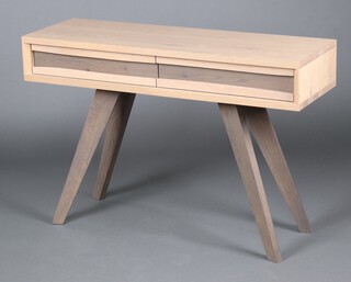 A mid-Century rectangular laminate wood effect finished side table fitted 2 drawers, raised on outswept supports 77cm h x 115cm w x 38cm d 