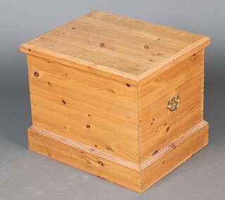 A pine trunk with hinged lid and brass drop handles, raised on a platform base 50cm h x 60cm w x 49cm d 