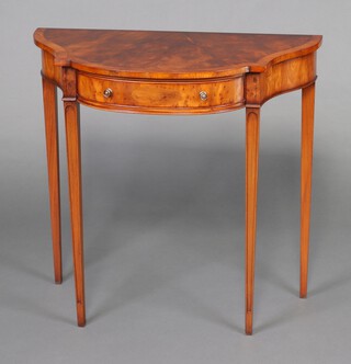 A figured walnut and crossbanded side table fitted 1 long drawer, raised on square tapered supports 82cm h x 84cm w x 44cm d 