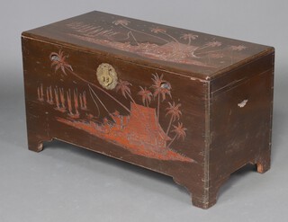 A rectangular carved camphor coffer with hinged lid 57cm h x 100cm w x 50cm d 
