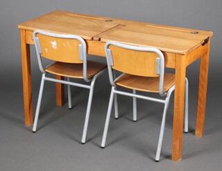 A beech framed twin desk together with 2 tubular metal chairs 67cm h x 112cm w x 45cm d 