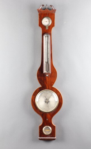 C Thorneloe, a mercury wheel barometer and thermometer with 14cm silvered dial in an inlaid mahogany case 90cm h x 21cm w