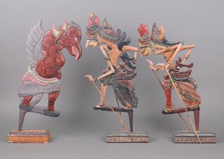 Three Thai painted and carved wooden puppets 49cm x 18cm 