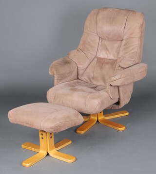 A Stressless style armchair and matching footstool upholstered in camel coloured suede (some staining)