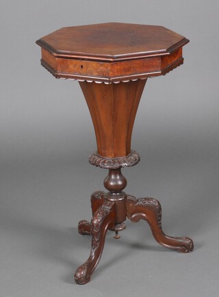 A Victorian octagonal figured walnut work table of conical form with hinged lid 72cm h x 44cm w x 43cm d 