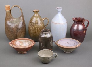 A Studio ceramic vase with narrow neck 26cm, 3 jugs, a vase, 2 bowls and a cup 