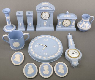 A Wedgwood pale blue Jasperware timepiece 22cm, a barometer, pair of candlesticks, a timepiece, a wall clock, 4 plaques, a jug, cup and candlestick 