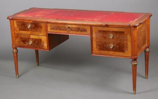 A French walnut writing table with red inset writing surface above 1 long and 4 short drawers, raised on turned and fluted supports 78cm h x 160cm w x 61cm d  