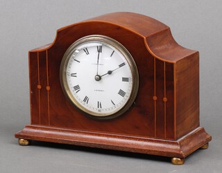 An Edwardian inlaid mahogany timepiece by J W Benson of London on brass bun feet 16cm  