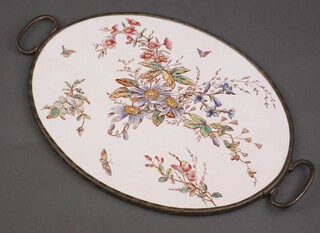 An Edwardian 2 handled tray with oval porcelain panel 