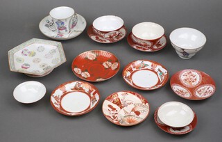 An early 20th Century Chinese hexagonal dish decorated with Mons 16cm and other items of Oriental tea ware 