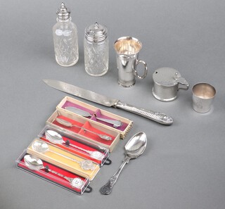 A silver plated double ended tot measure and other items of silver plated ware 