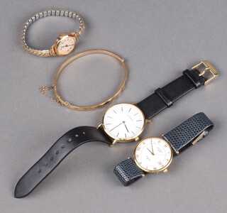 A gentleman's gilt cased Sekonda wristwatch, 2 others and a plated bangle