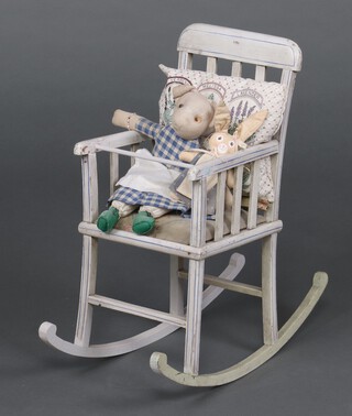 A child's 1940's grey and blue painted rocking chair with mouse figure 45cm h x 43cm w x 20cm d  