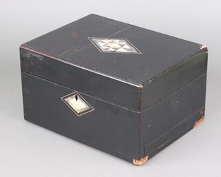 A Victorian Japanned toilet box with silver plated mounted jars (a/f)