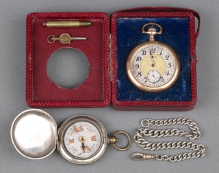 A gilt cased dress pocket watch, a compass, a plated Albert and 3 keys