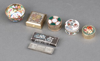 A modern cloisonne trinket box, 3 others, a bowl and ingot 