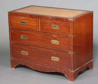 A mahogany military style chest with green inset writing surface fitted 2 short and 2 long drawers 75cm h x 95cm w x 51cm d 