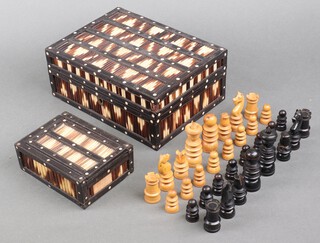A porcupine quill box containing a Saint George pattern chess set and a smaller porcupine box 