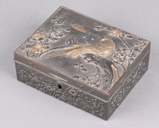 A Japanese antimony box decorated with flowers and birds in an extensive landscape 