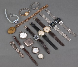 A silver vesta and a silver fob watch together with other watches and costume jewellery 