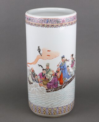 A famille rose cylindrical stick stand decorated with figures 46cm 