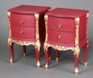 A pair of red and gilt painted French style bedside cabinets fitted 2 drawers, raised on cabriole supports 74cm h x 47cm w x 40cm d 