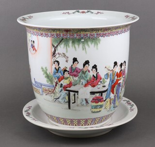 A Chinese jardiniere and stand decorated with a group of figures within a garden 33cm 