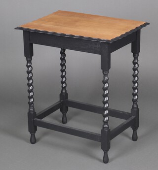 A 1930's rectangular oak and grey painted occasional table with pie crust edge, raised on spiral turned supports 70cm h x 60cm w x 45cm d (top warped)