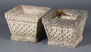 A pair of well weathered square garden planters with cast bodies 25cm x 30cm x 30cm 