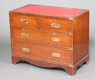 A military style mahogany chest with red inset writing surface above 2 short and 2 long drawers, raised on bracket feet 76cm h x 95cm w x 51cm d  