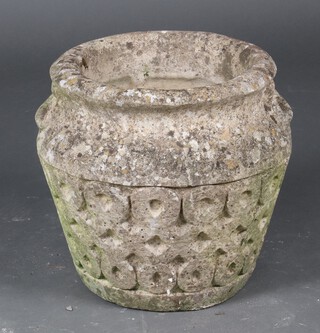 A well weathered concrete circular garden urn with cast body 41cm h x 37cm diam. 