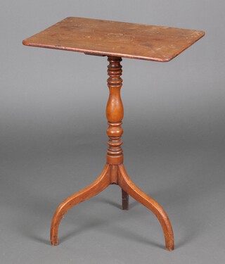 A 19th Century rectangular snap top wine table raised on a pillar and tripod base 70cm h x 50cm w x 37cm d (water and contact marks in places)
