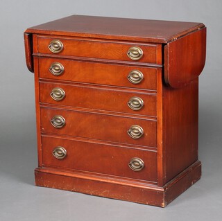 A rectangular mahogany cutlery chest of 5 drawers with drop flaps to the side, raised on a platform base 82cm h x 74cm w x 46cm d 