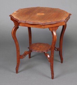 An Edwardian octagonal 2 tier occasional table, raised on cabriole supports with undertier 73cm h x 71cm 