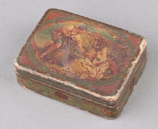 A 19th Century rectangular green lacquered trinket box, the lid decorated a romantic scene 3cm x 9cm x 7cm (a/f)