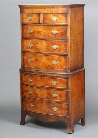 A Georgian style walnut bow front chest on chest fitted 2 short and 3 long drawers, the base with brushing slide above 3 long drawers, raised on splayed bracket feet 163cm h x 79cm w x 46cm d 