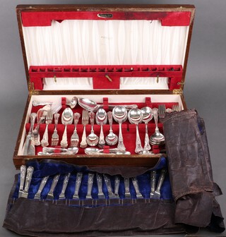 A cased canteen of silver plated Kings Pattern cutlery in an oak box 