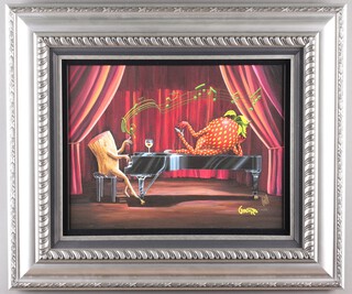 Michael Godard, print, a contemporary study of a tree trunk playing a grand piano, on which is sitting a strawberry, 38cm x 52cm,  framed 